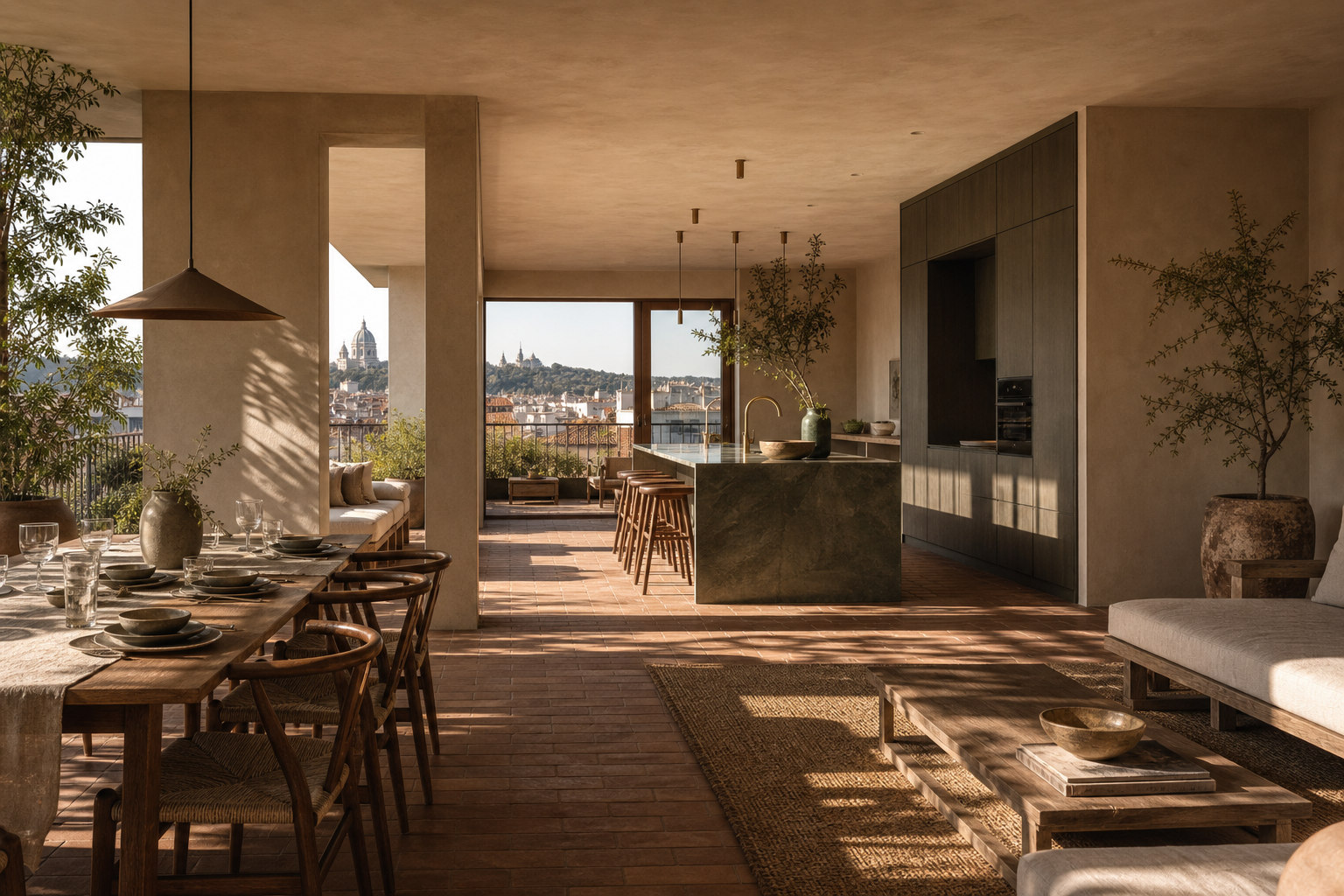 Fadior Budapest 125 sqm Kitchen Penthouse — Rooftop — Budapest dining room with kitchen island, hardwood storage wall,