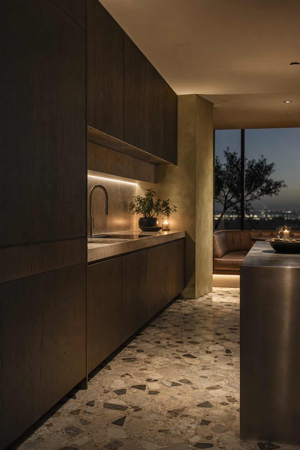 Fadior Brisbane 180 sqm Kitchen Penthouse — long counter, cabinet wall, sink zone, terrazzo floor, plaster wall