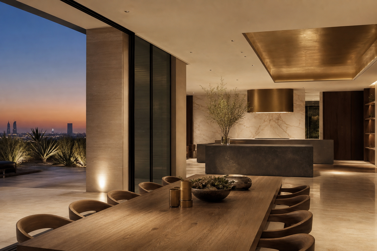 Kitchen lifestyle context with oak dining table, charcoal island, and dusk skyline atmosphere.
