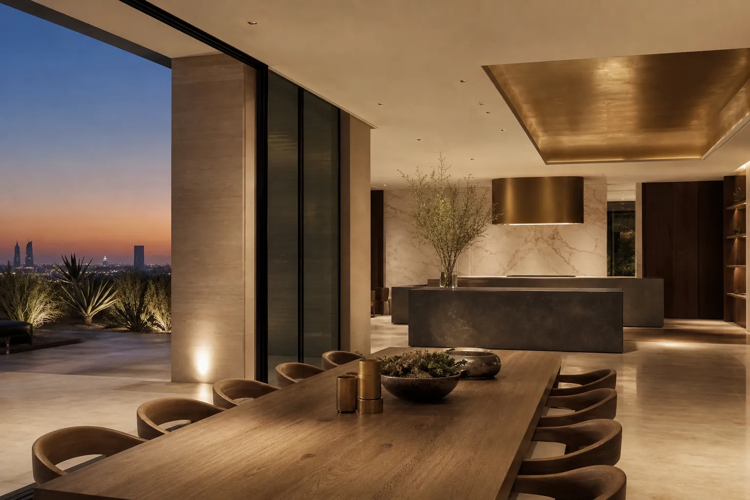 Kitchen lifestyle context with oak dining table, charcoal island, and dusk skyline atmosphere.