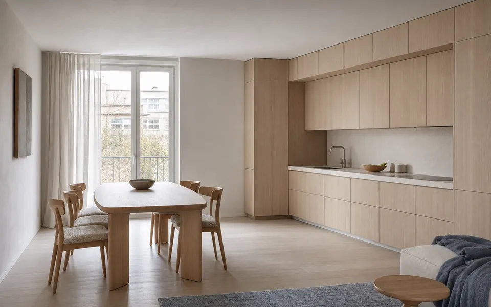 Fadior Milan 140 sqm Kitchen Apartment — A full pale-wood kitchen and dining room with a central table, tall cabinetry, — 304 stainless steel cabinetry installation by Fadior