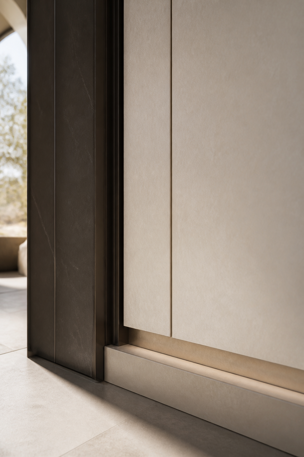Fadior Onyx Wardrobe Suite with Porcelain Threshold Dressing Wall — close-up of stainless steel finish and hardware detail