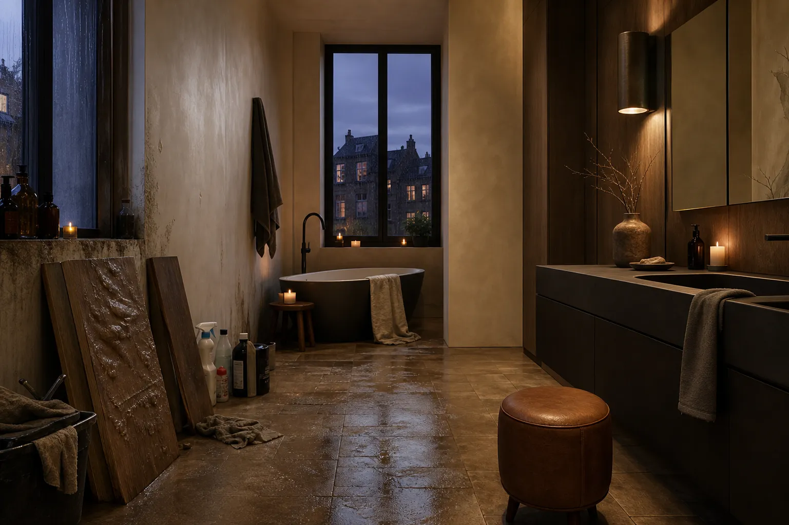 Bathroom decision comparison with wet wood samples beside calm espresso matte vanity cabinetry.