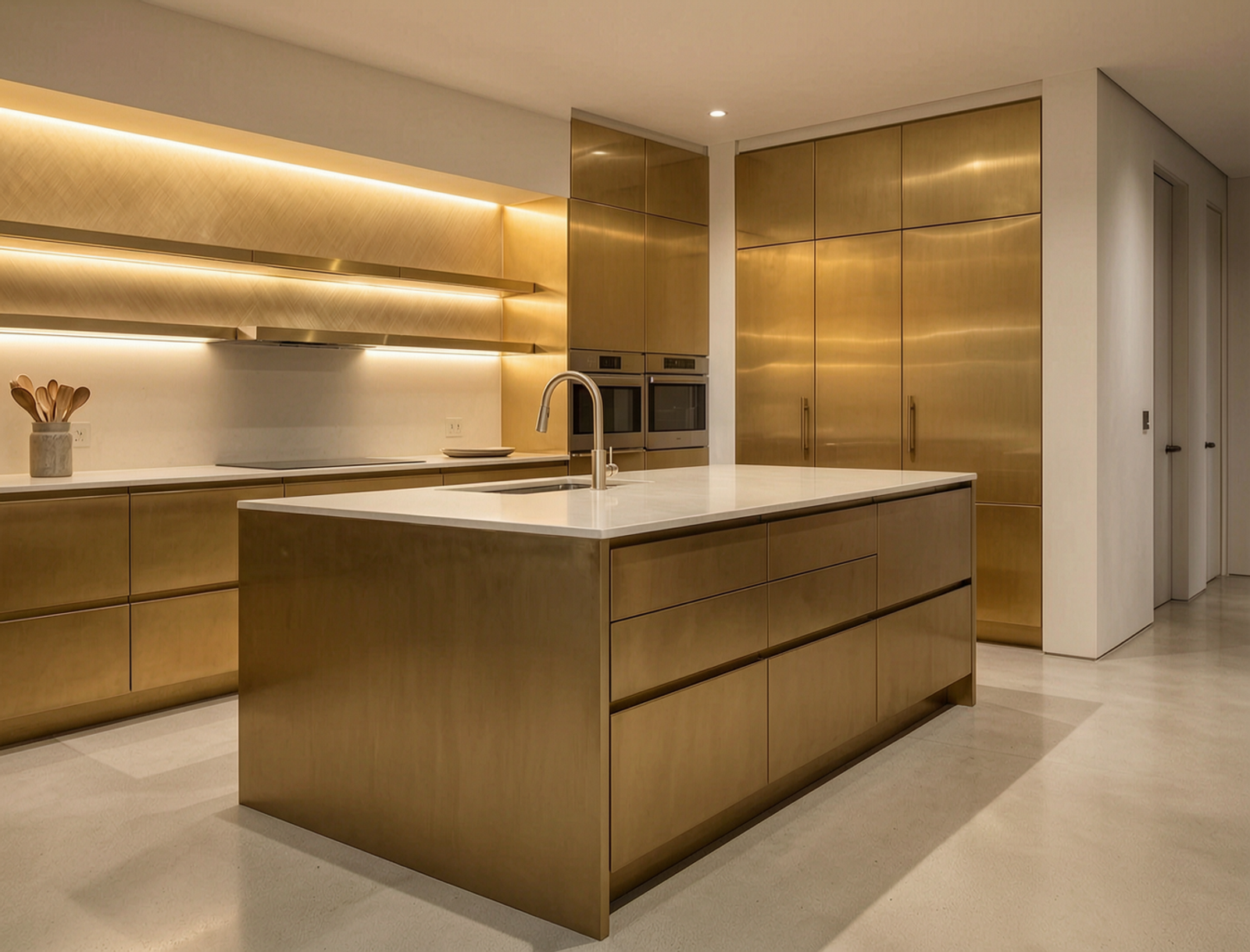 PVD Champagne Gold Finish applied in luxury residential kitchen island cabinet panels