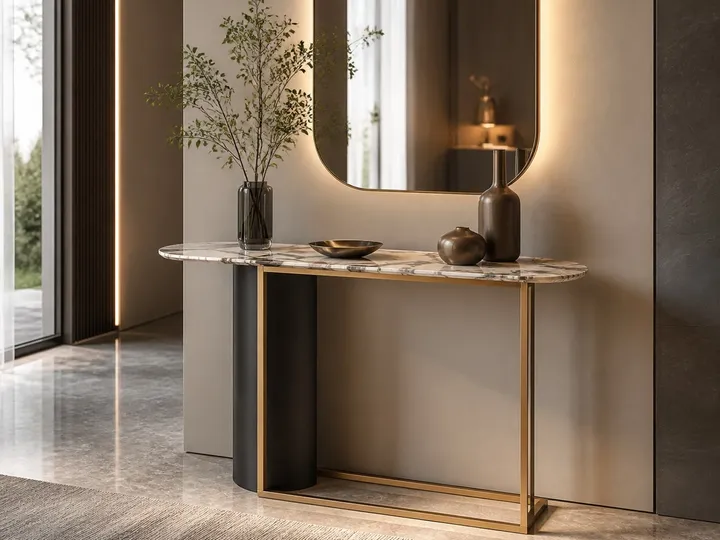 Mesa Consola de Piedra Blanca y Acero Cepillado