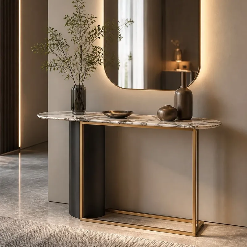 White Stone Brushed Steel Console Table