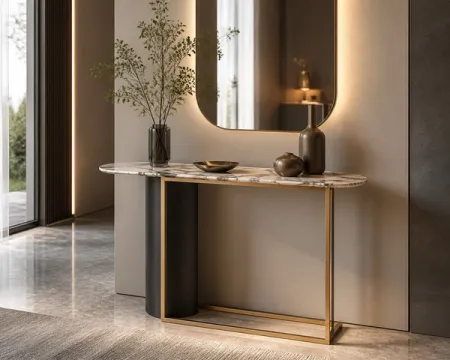 White Stone Brushed Steel Console Table
