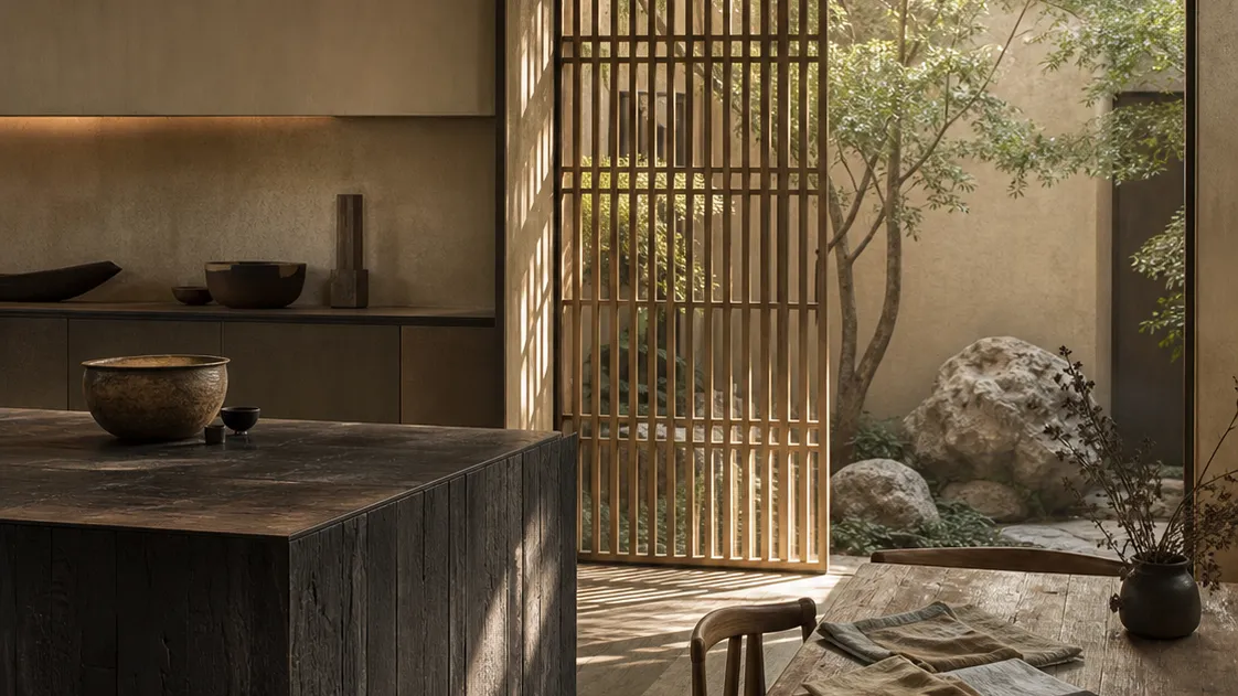 Modernist kitchen atmosphere with cypress tones and courtyard light for material truth context.