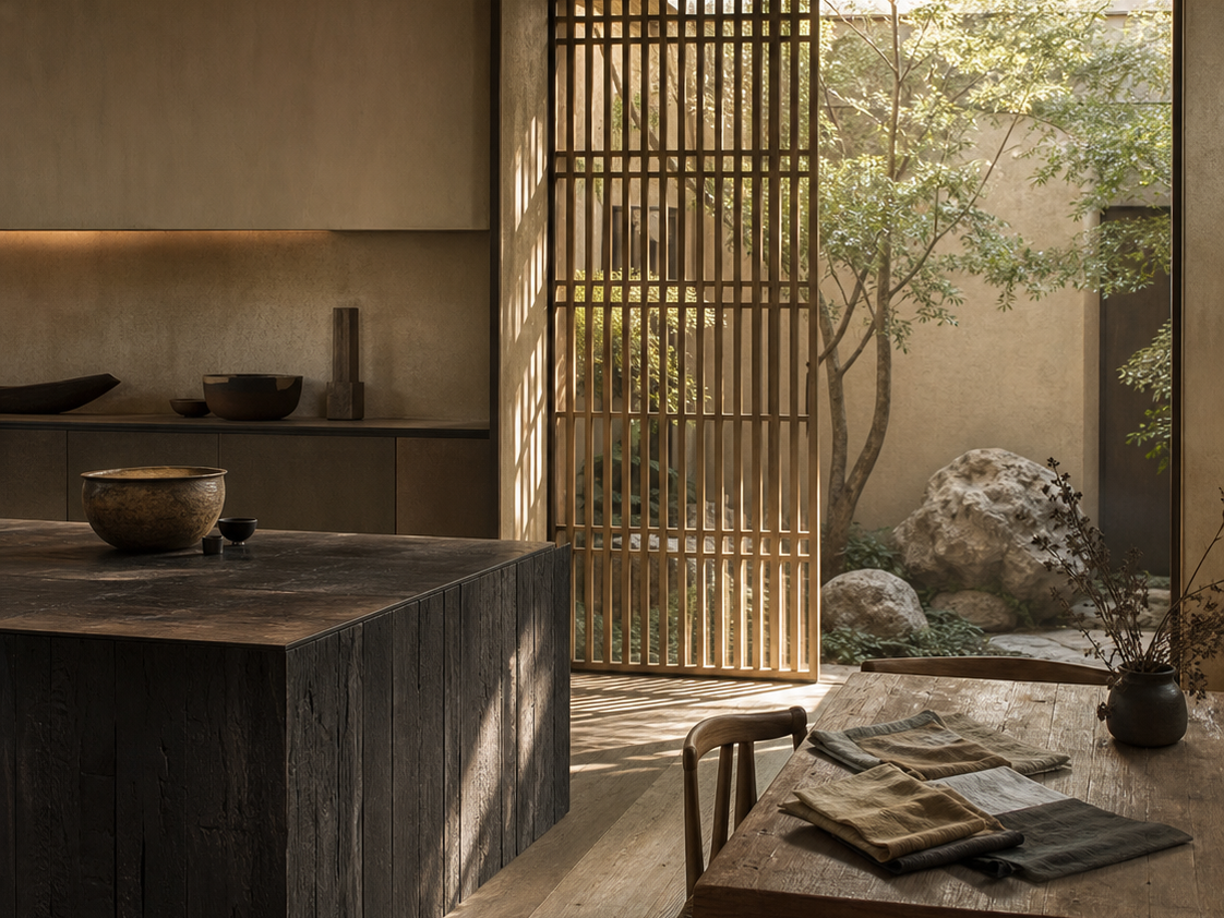 Modernist kitchen atmosphere with cypress tones and courtyard light for material truth context. — 304 stainless steel cabinetry editorial by Fadior
