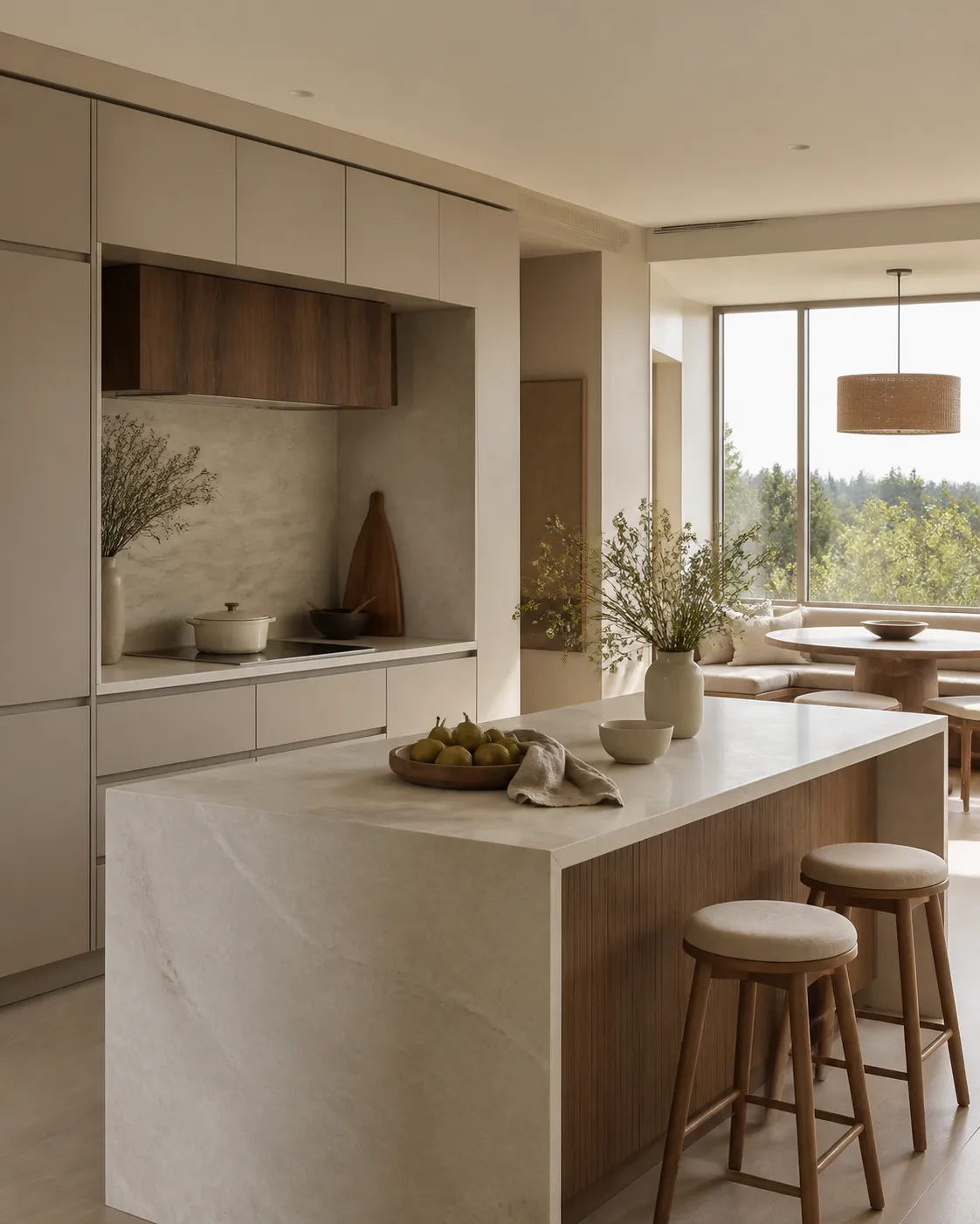 Finished villa kitchen prepared for a quiet breakfast routine in diffused daylight