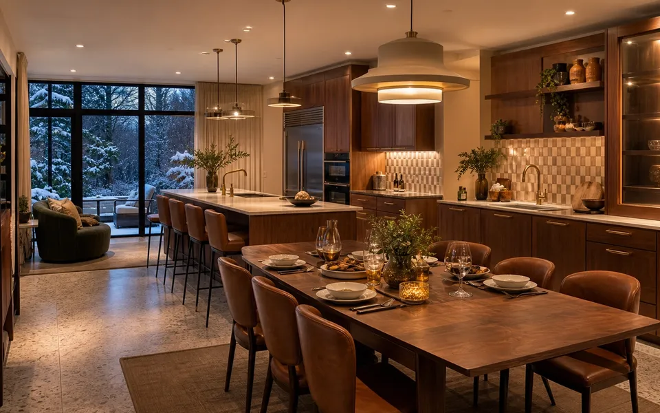 Fadior Montreal 150 sqm Kitchen Villa — Montreal island, dining table, walnut cabinets, snowy window, terrazzo floor — 304 stainless steel cabinetry installation by Fadior