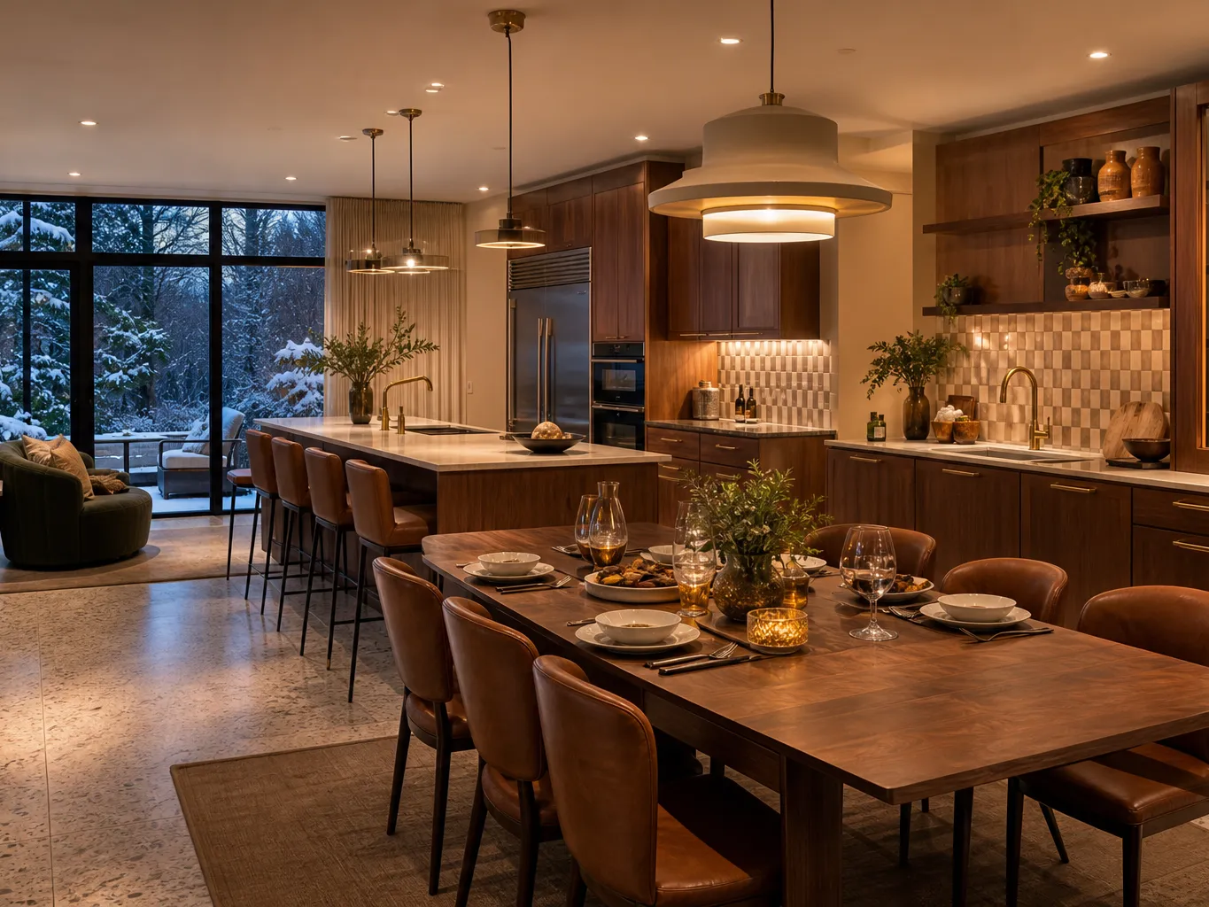 Fadior Montreal 150 sqm Kitchen Villa — Montreal island, dining table, walnut cabinets, snowy window, terrazzo floor