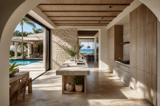 Fadior Miami Garden Courtyard Villa — Miami courtyard villa kitchen with limestone wall, island, teak ceiling slats, travertine floor, palm trees, pool court, sliding glass doors, and timber cabinet wall