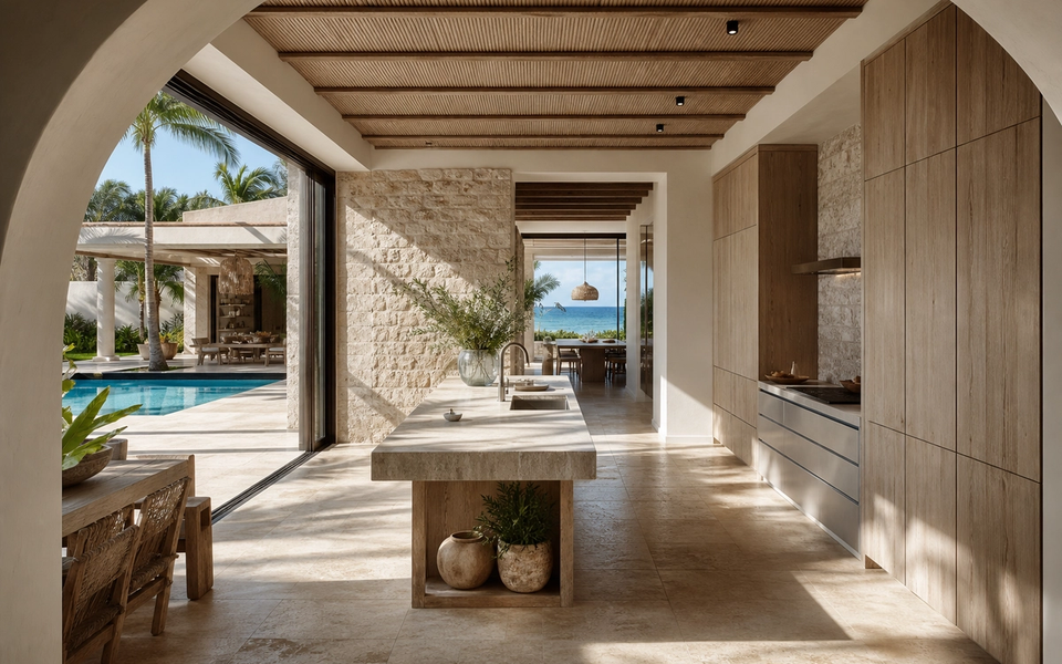 Fadior Miami Garden Courtyard Villa — Miami courtyard villa kitchen with limestone wall, island, teak ceiling slats, travertine floor, palm trees, pool court, sliding glass doors, and timber cabinet wall — 304 stainless steel cabinetry installation by Fadior