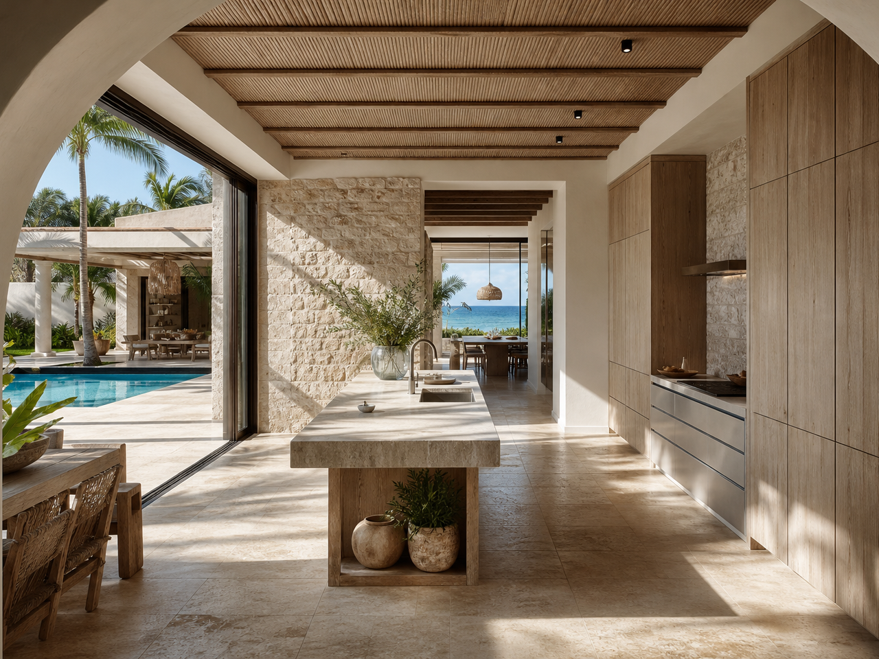 Fadior Miami Garden Courtyard Villa — Miami courtyard villa kitchen with limestone wall, island, teak ceiling slats, travertine floor, palm trees, pool court, sliding glass doors, and timber cabinet wall — 304 stainless steel cabinetry installation by Fadior