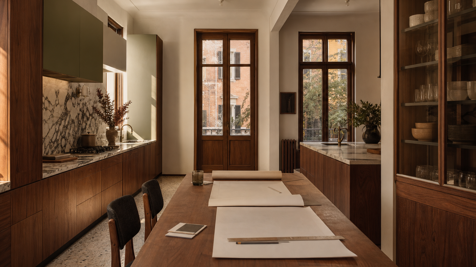 Warm custom kitchen cabinet planning scene in a townhouse interior.