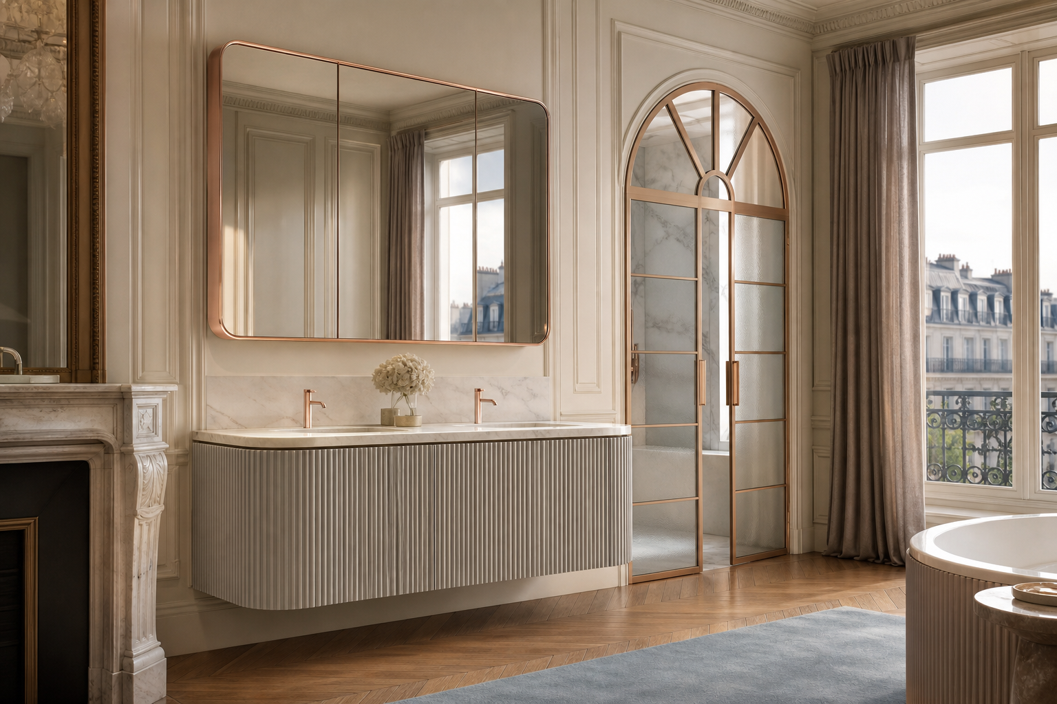 Fadior Nacre Bath and Vanity Suite with Moonlit Fluted Basin Wall — interior room context showing cabinet integration