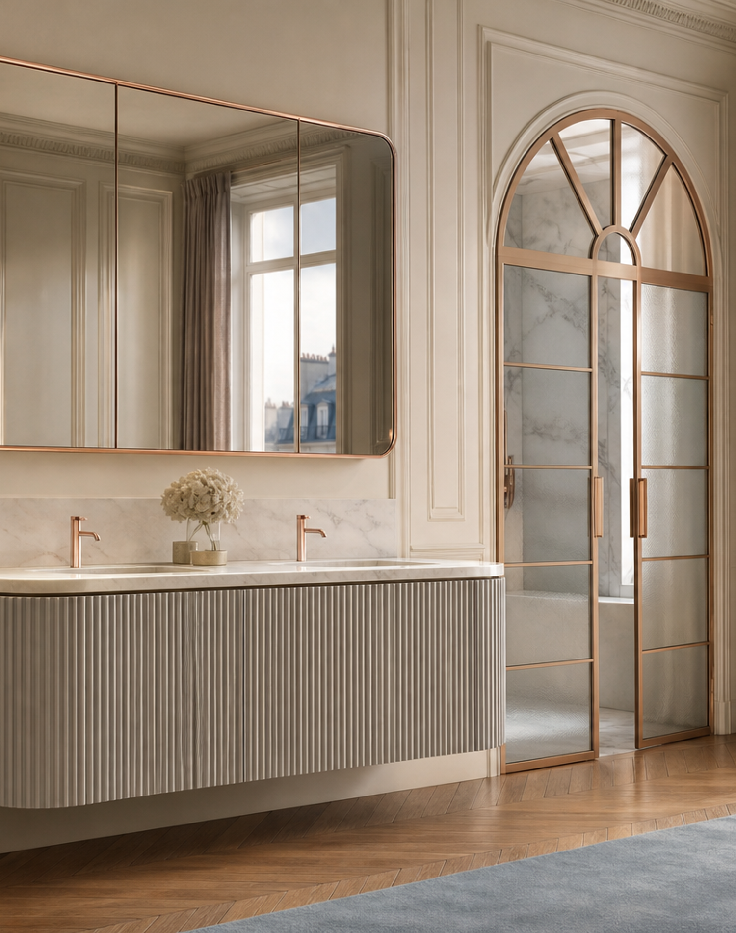 Fadior Nacre Bath and Vanity Suite with Moonlit Fluted Basin Wall — interior room context showing cabinet integration