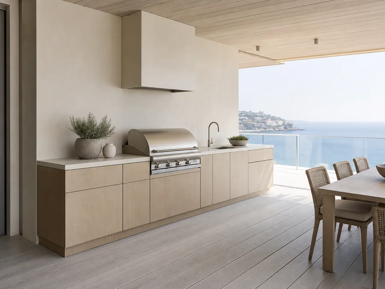 Fadior Vantage Outdoor Kitchen Suite with FSC Blond Counter Gallery - 304 stainless steel outdoor kitchen cabinetry with grill, sink, prep counter, weather-ready storage, and open-air use