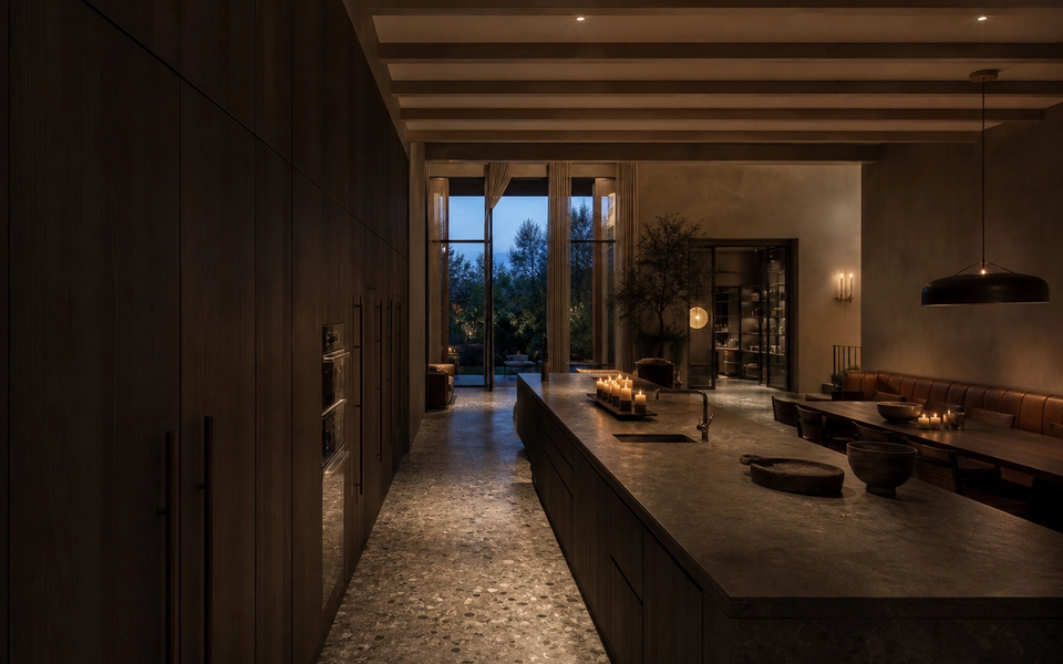 Fadior Budapest 450 sqm Kitchen Villa - smoked oak island, cabinet wall, leather banquette, garden door — 304 stainless steel cabinetry installation by Fadior