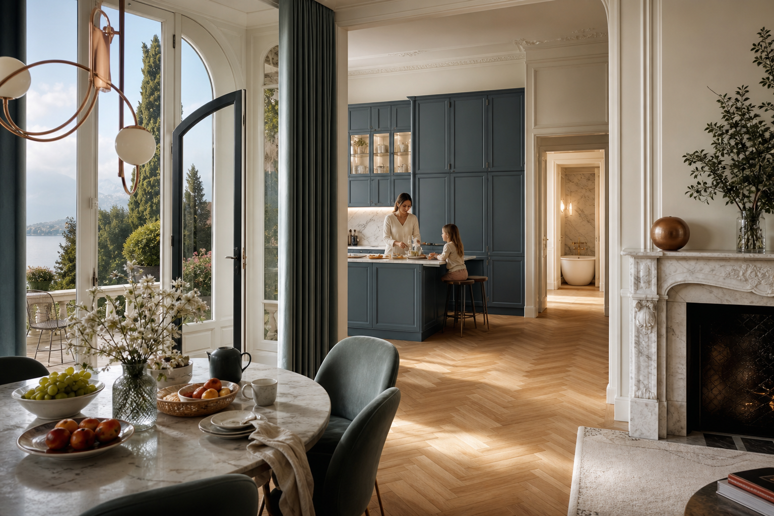 Fadior Geneva 650 sqm Kitchen Bath Villa — lakeside table, blue kitchen island, fireplace, arched door, bath doorway