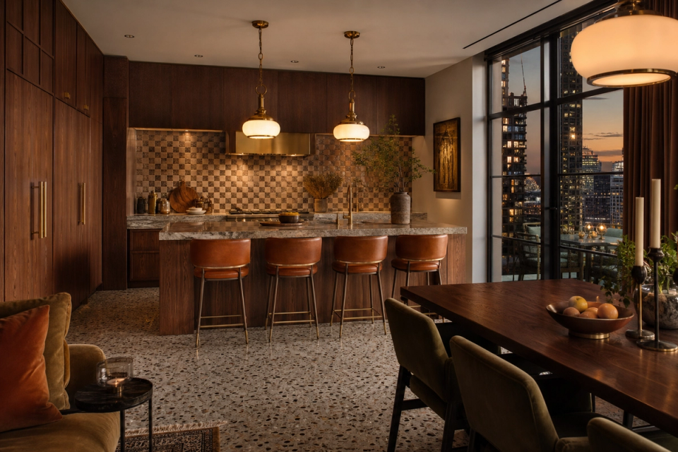 Fadior New York 320 sqm Kitchen Villa — walnut island, terrazzo floor, city window, dining table, leather stools