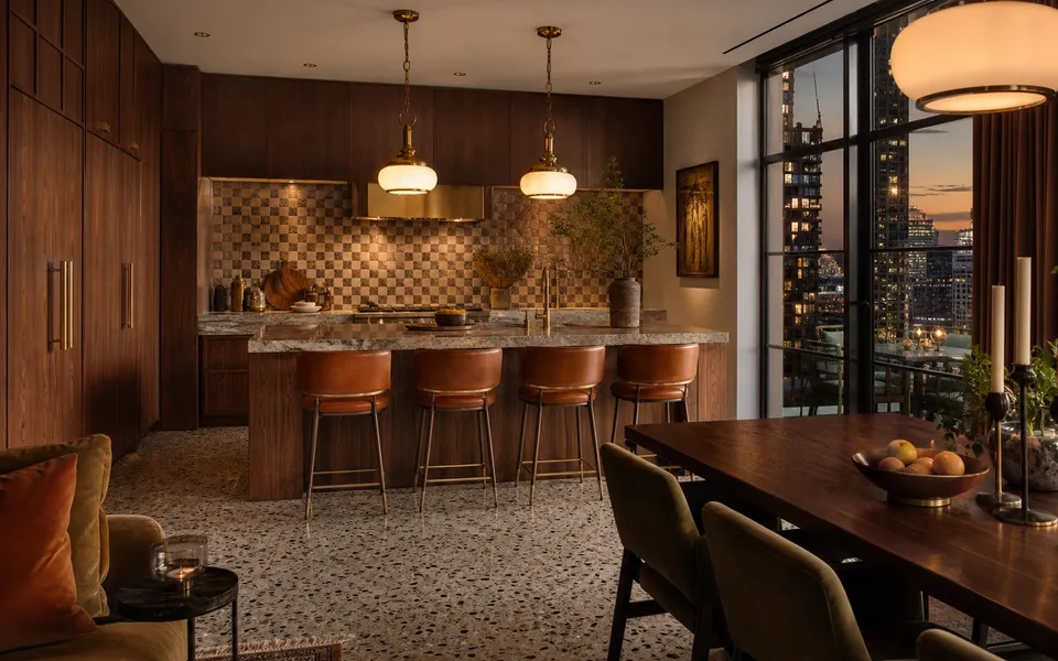 Fadior New York 320 sqm Kitchen Villa — walnut island, terrazzo floor, city window, dining table, leather stools — 304 stainless steel cabinetry installation by Fadior