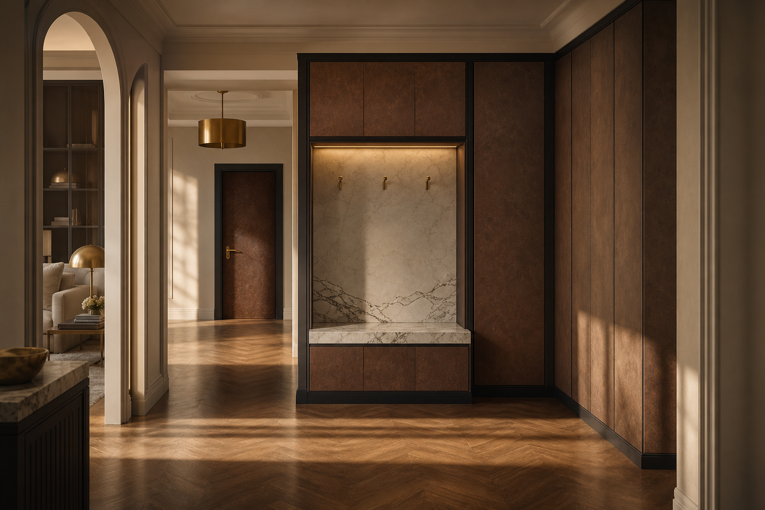 Fadior Loggia Handle-Free Foyer Spine — lifestyle setting with natural light and residential styling
