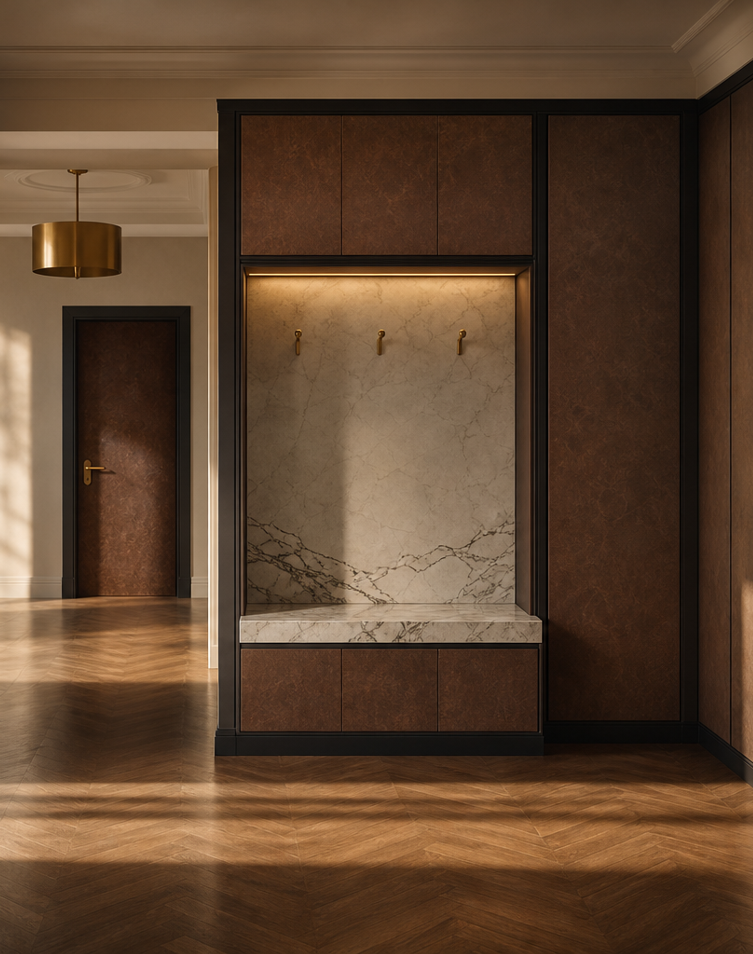 Fadior Loggia Handle-Free Foyer Spine — lifestyle setting with natural light and residential styling