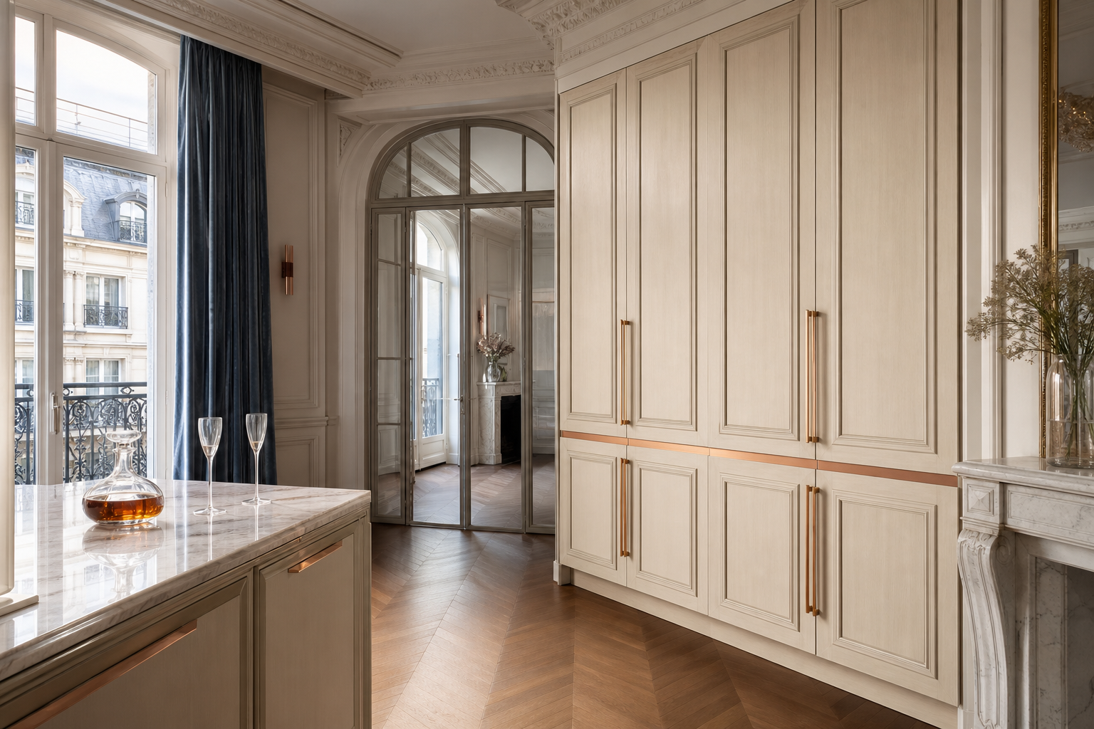 Fadior Gloria Wine Cabinet Suite with Limewash Cellar Tasting Pier — interior room context showing cabinet integration