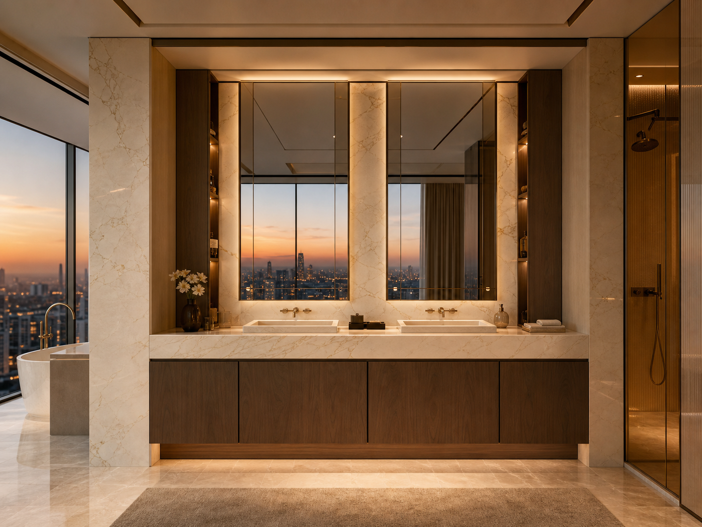 Fadior Nacre Bath and Vanity Suite with Limestone Double Basin Alcove — interior room context showing cabinet integration