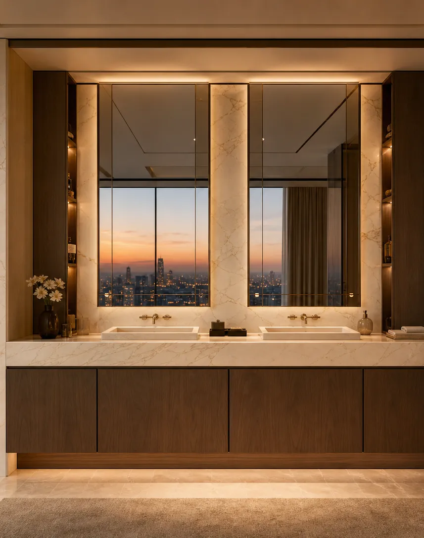 Suite de Baño y Tocador Nacre con Doble Lavabo en Hornacina de Piedra Caliza perspectiva interior