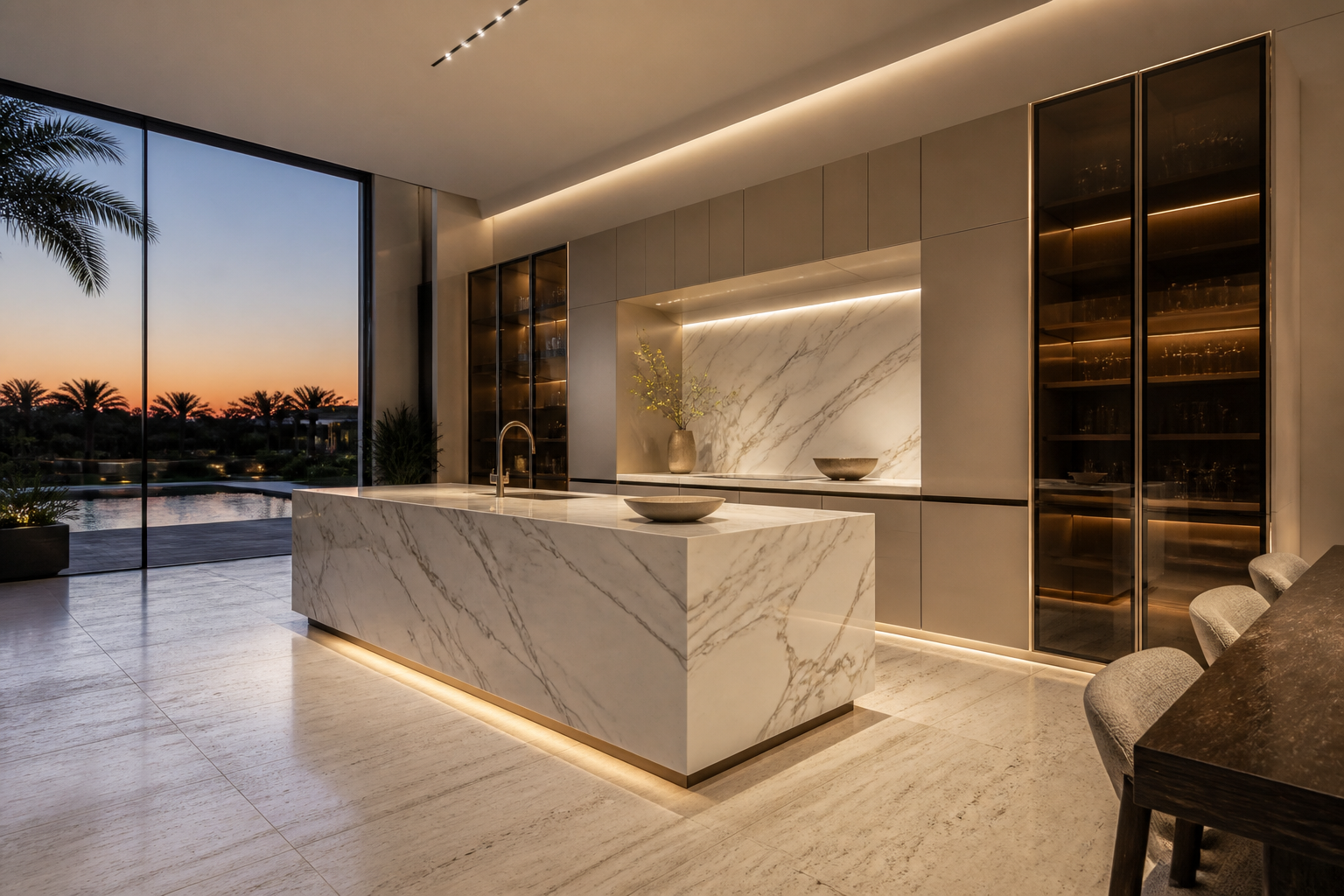 Fadior Dubai 290 sqm Kitchen Villa — marble surface, walnut cabinet, tinted glass, limestone wall