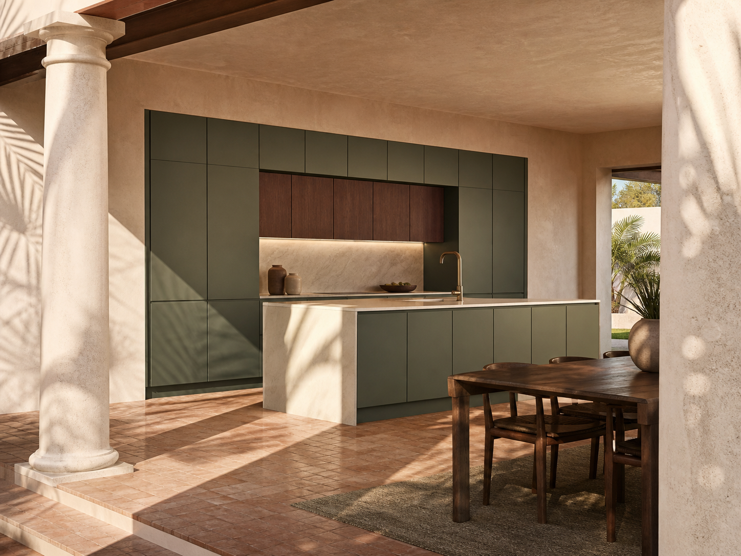 Fadior Armarios Meridian Kitchen with Porcelain Courtyard Climate Plane — interior room context showing cabinet integration