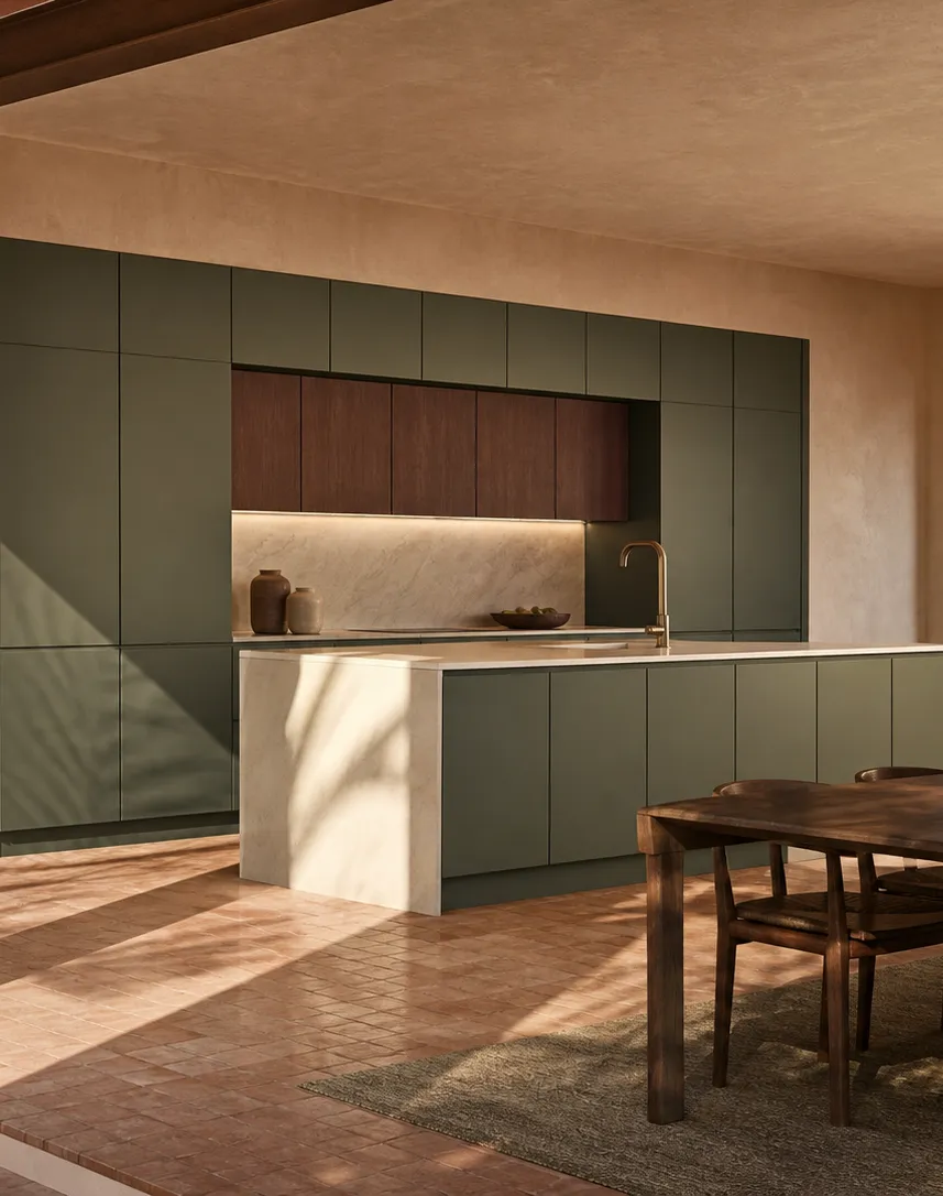 Fadior Armarios Meridian Kitchen with Porcelain Courtyard Climate Plane — interior room context showing cabinet integration