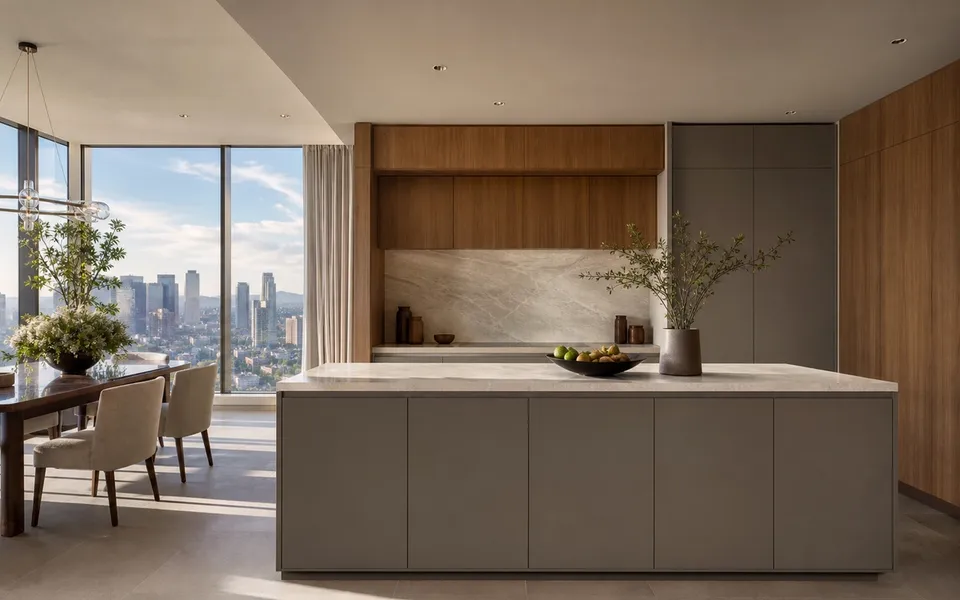 Fadior Houston 250 sqm Kitchen Penthouse — Fadior Houston penthouse kitchen — grey island, limestone counter, oak cabinets, — 304 stainless steel cabinetry installation by Fadior