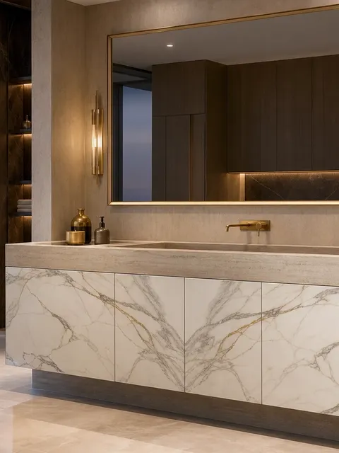 Suite de Baño y Tocador Nacre con Retorno Lateral de Lavabo Esculpido