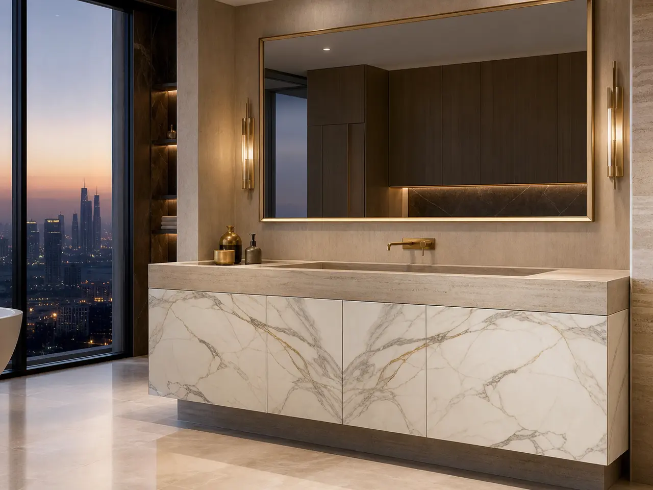 Fadior Nacre Bath and Vanity Suite with Sculpted Basin Side Return - waterproof 304 stainless steel bath vanity with mirror storage, moisture-resistant finishes, and grooming storage