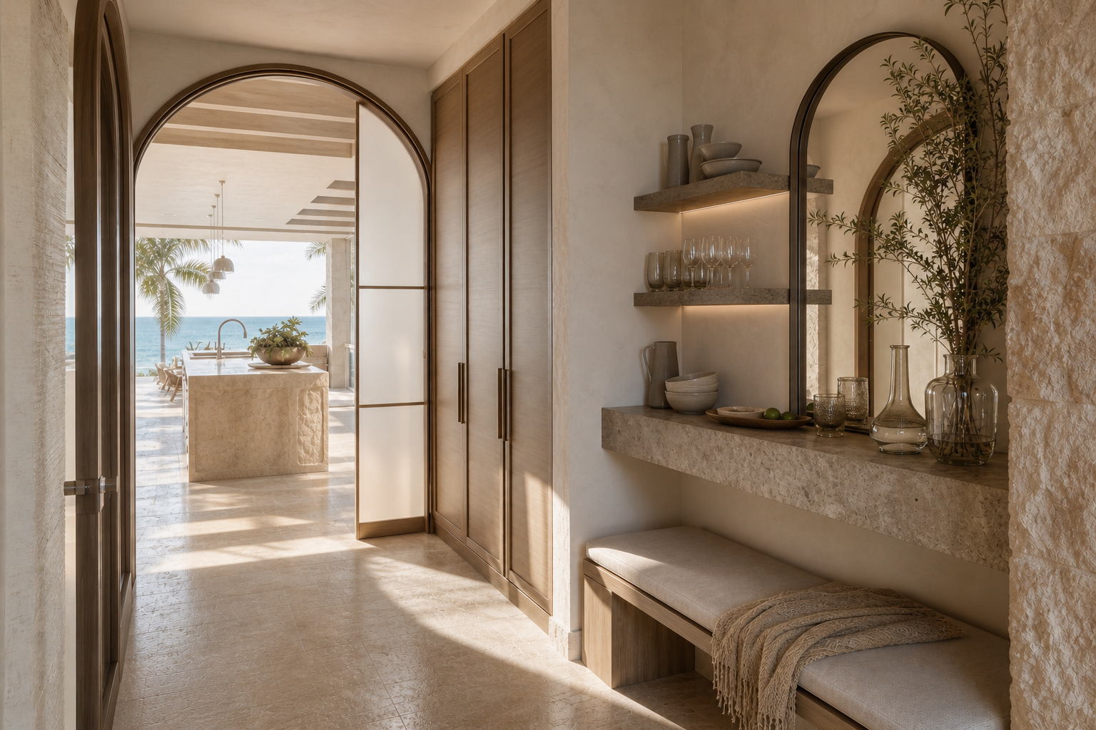 Fadior Miami Skyline Penthouse — Miami wardrobe and wine bar with timber doors, stone vanity counter, arched mirror,