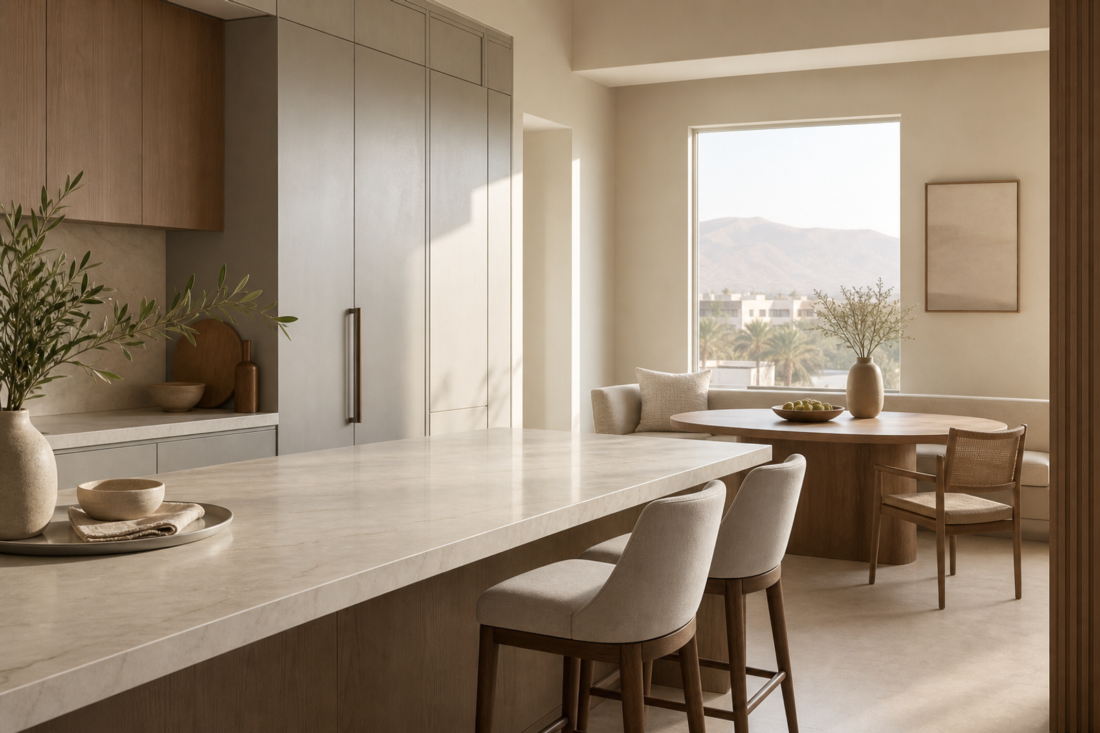 Kitchen atmosphere with warm grey cabinetry and oak breakfast nook for solid surface decision context.
