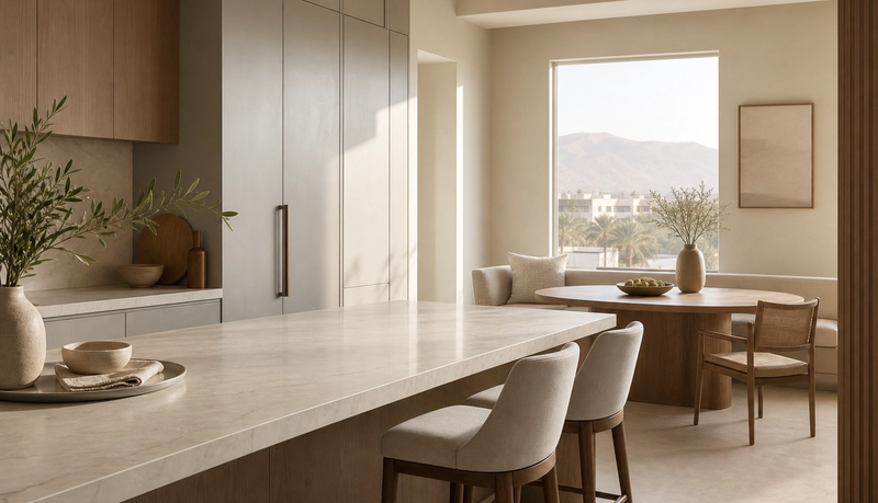 Kitchen atmosphere with warm grey cabinetry and oak breakfast nook for solid surface decision context. — 304 stainless steel cabinetry editorial by Fadior