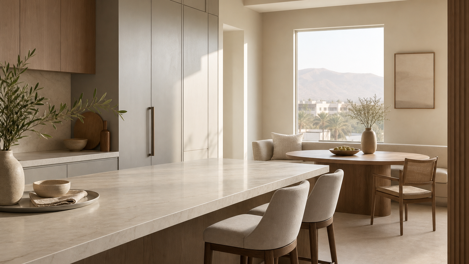 Kitchen atmosphere with warm grey cabinetry and oak breakfast nook for solid surface decision context.