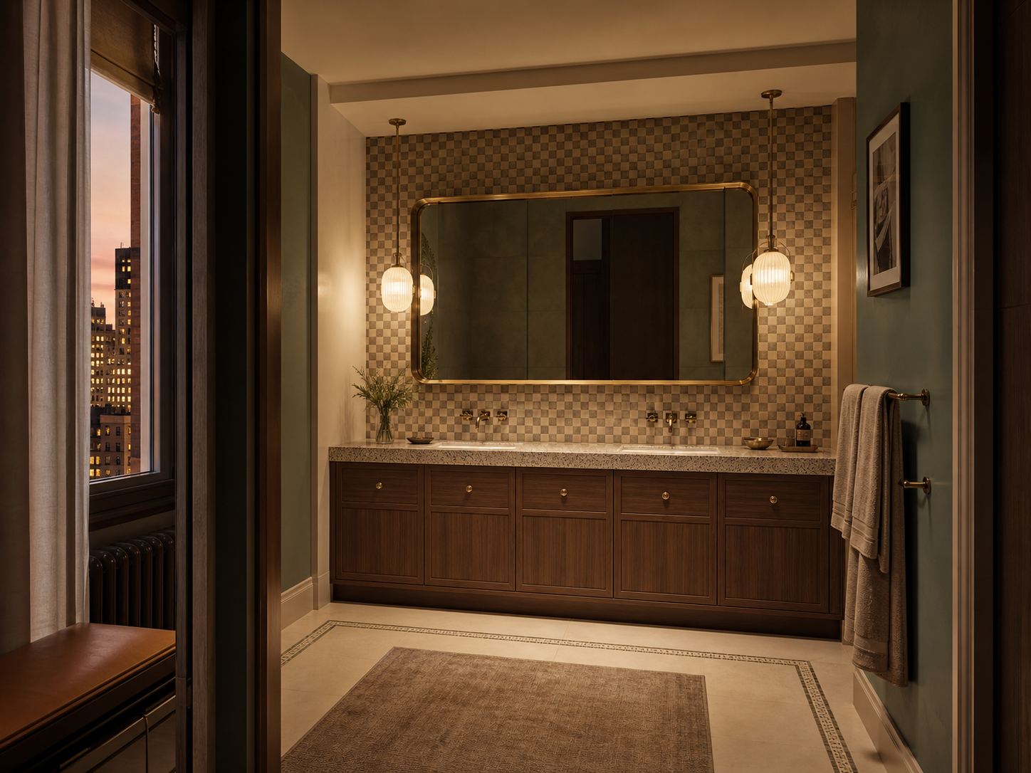 Fadior Nacre Bath and Vanity Suite with Panel-Ready Grooming Console — interior room context showing cabinet integration