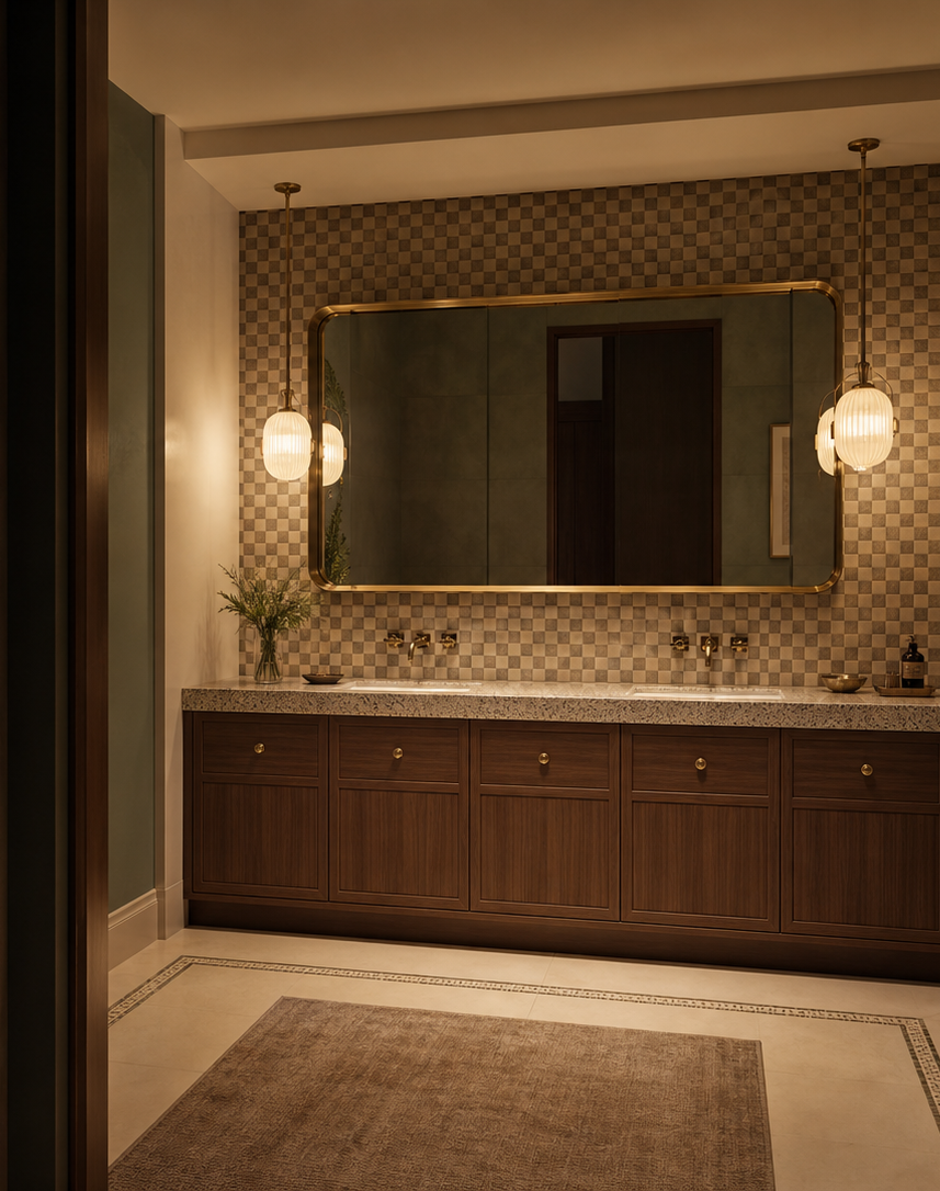 Fadior Nacre Bath and Vanity Suite with Panel-Ready Grooming Console — interior room context showing cabinet integration