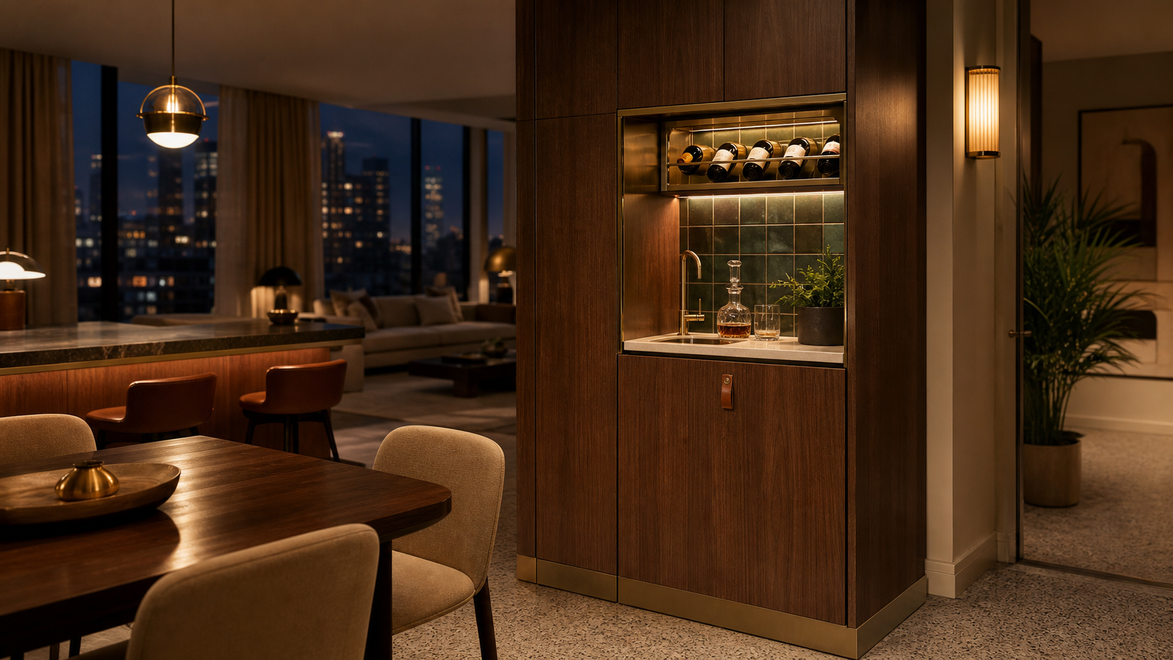 Fadior Gloria Wine Cabinet Suite with Prep Sink Bottle Niche — lifestyle setting with natural light and residential styling