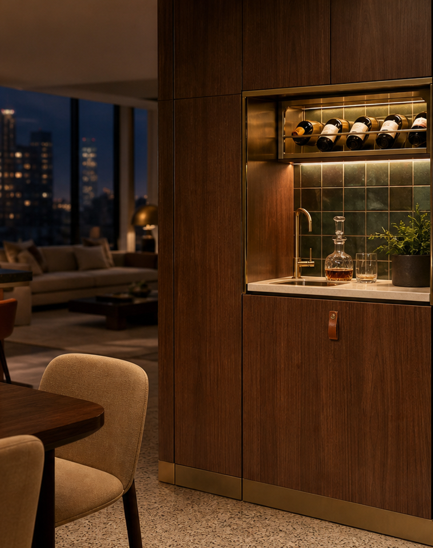 Fadior Gloria Wine Cabinet Suite with Prep Sink Bottle Niche — lifestyle setting with natural light and residential styling