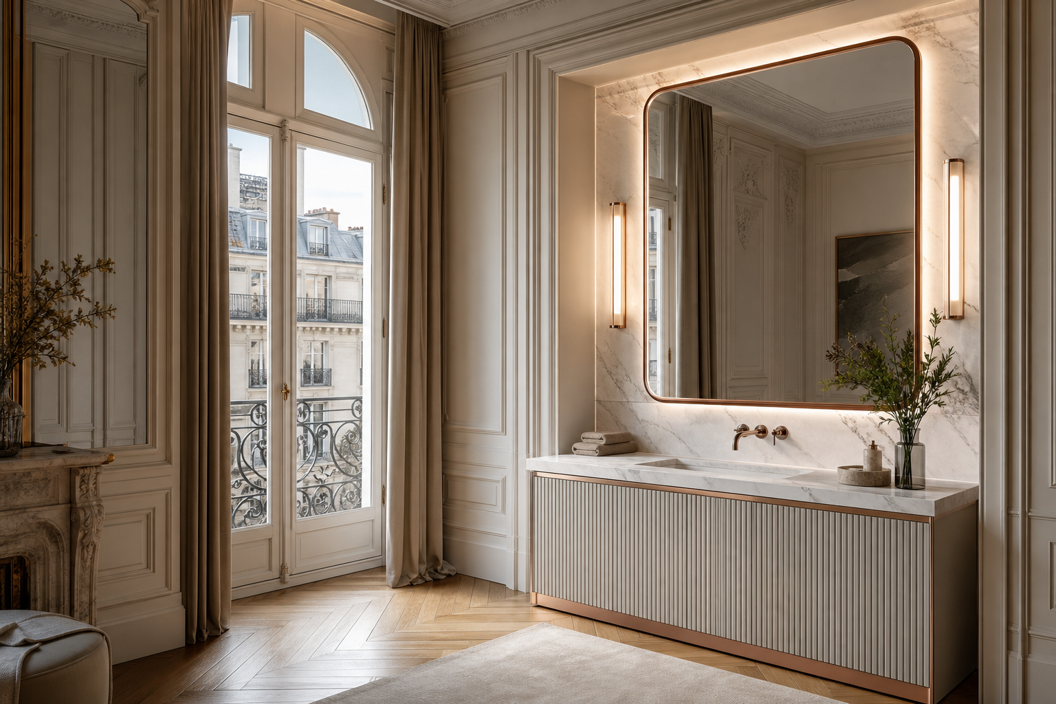 Fadior Nacre Bath and Vanity Suite with Moonlit Fluted Basin Wall — lifestyle setting with natural light and residential styling