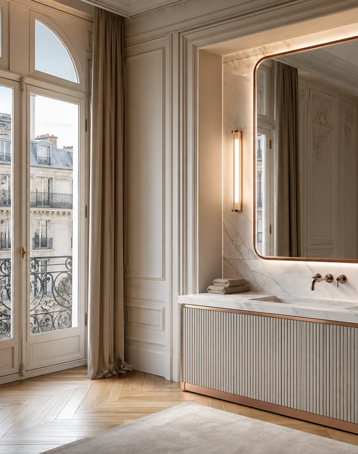 Fadior Nacre Bath and Vanity Suite with Moonlit Fluted Basin Wall — lifestyle setting with natural light and residential styling