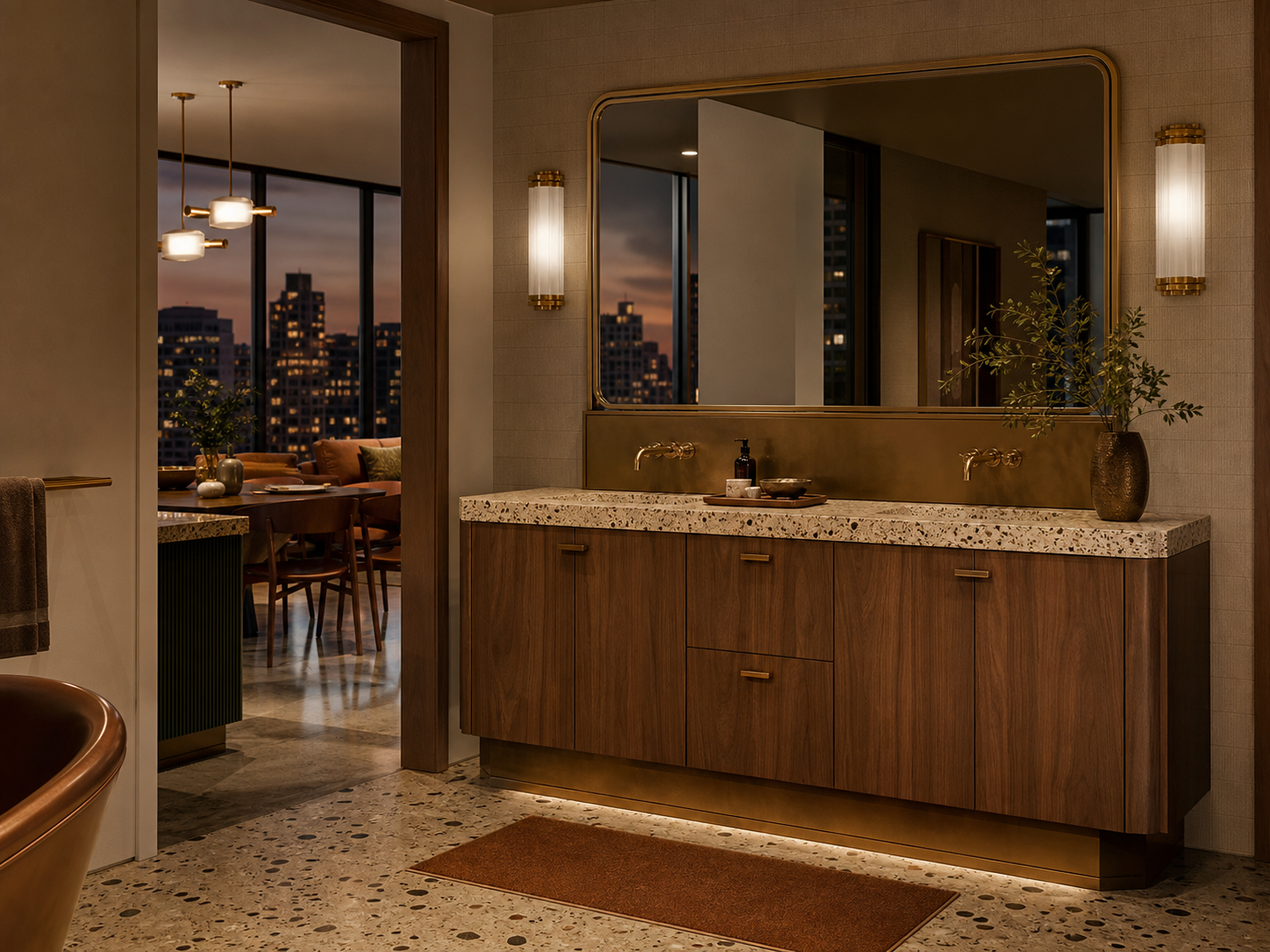 Fadior Verve Bath and Vanity Suite with Bronze Mirror Plinth — interior room context showing cabinet integration