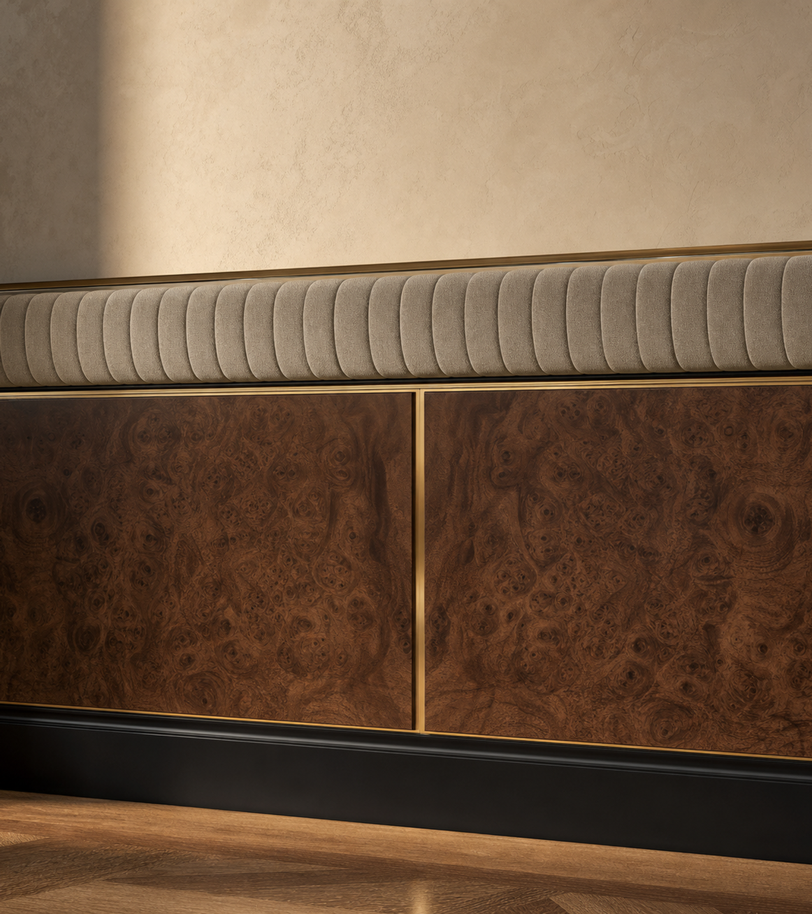 Fadior Miroir Wall Panel Suite with Cove Acoustic Ribbon — close-up of stainless steel finish and hardware detail